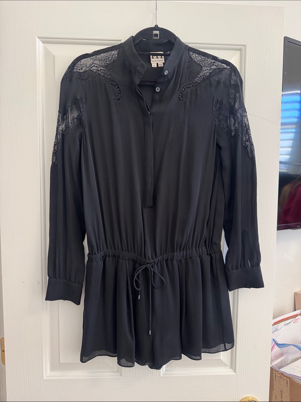 Black Lace-Trim Drawstring Waist Women's Romper
